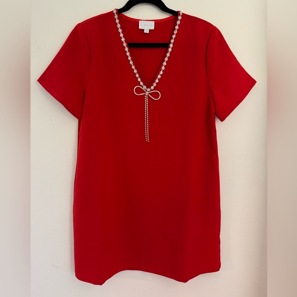 Sugarlips Stazie V-Neck Shift Mini Dress | Rhinestone Bow | Size Medium NWOT - Picture 6 of 7